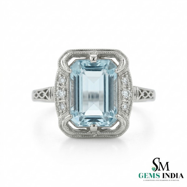 Emerald Cut Aquamarine Halo Ring with Diamond Accents - Vintage Inspired Statement Ring