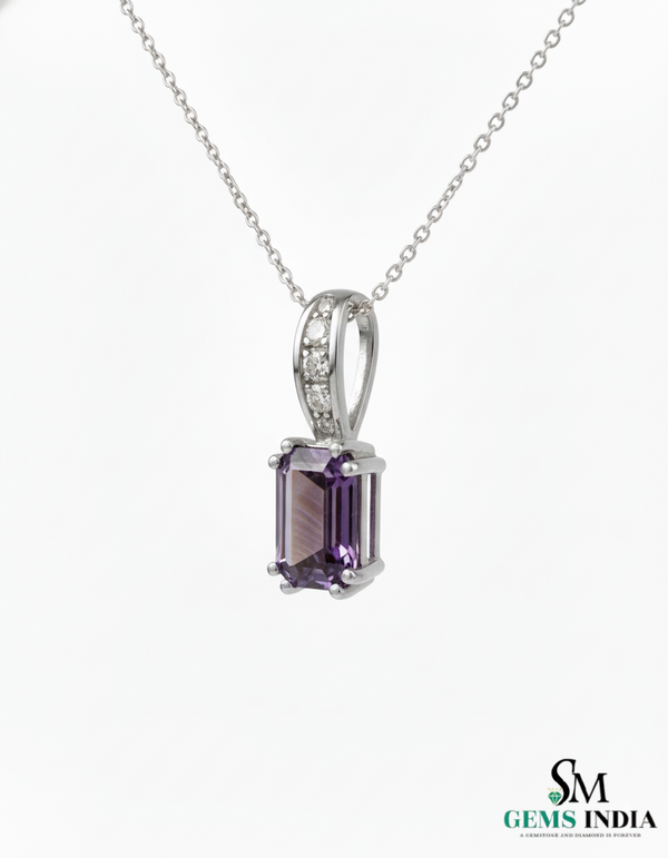 February Birthstone Emerald Cut Amethyst Diamond Pendant