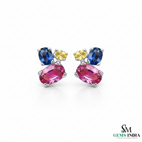 Multicolor Gemstone Trio Cluster Stud Earrings - Earrings for Women
