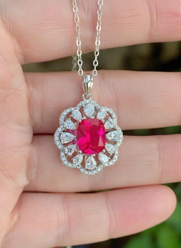 Cushion Cut Ruby & Diamond Floral Halo Pendant in 14k and 18k Gold