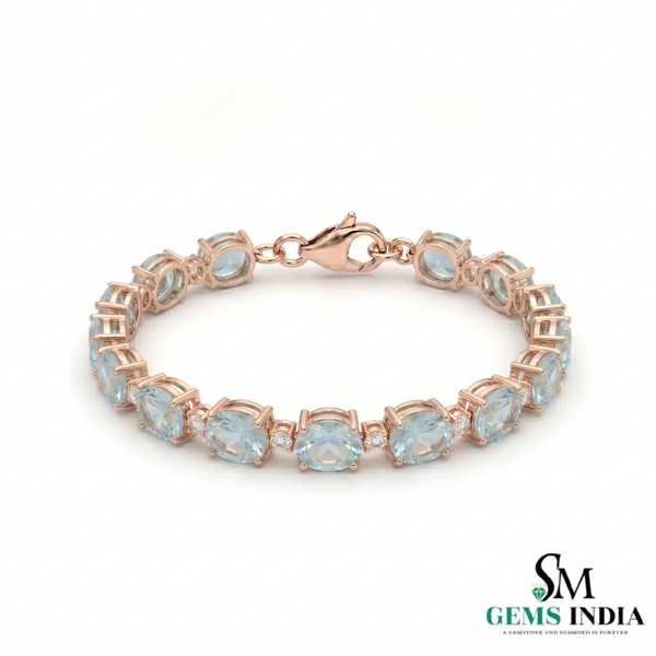 Oval Aquamarine Tennis Bracelet with Diamond Accents - Gift for Wife