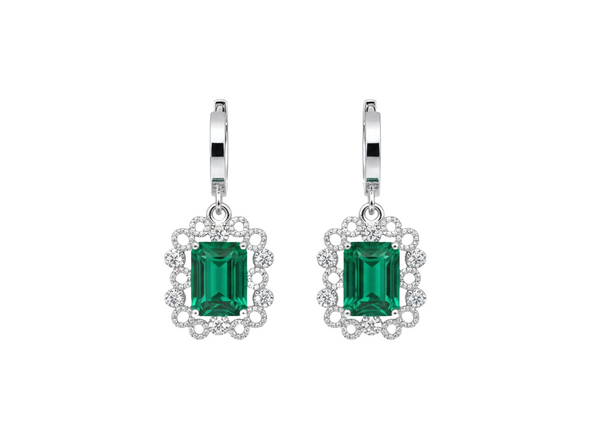 Gold Drop Earrings with Emerald cut Natural Green Stone &amp; Sparkling Halo