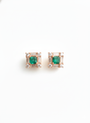 Square shape Natural Emerald Halo Studs with Diamond Accents – Fine Gold Earrings