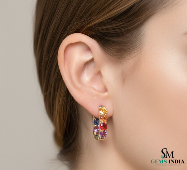 Multi Color Round Gemstone Huggie Hoop Earrings - Luxury Look Gemstone Earrings