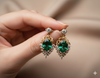 Oval shape Vintage style Natural Emerald & Diamond Drop Earrings in 14K Gold – Luxury Fine Jewelry