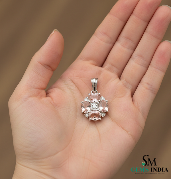 Oval cut Pink Morganite &; Diamond Gold Cluster Pendant for Women