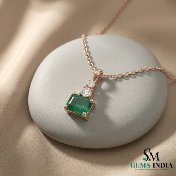 Emerald Cut Green Emerald Pendant with Double Round Diamond Accent
