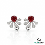 Dainty Round Ruby Flower Earrings Diamond Accent Gold Stud Earrings