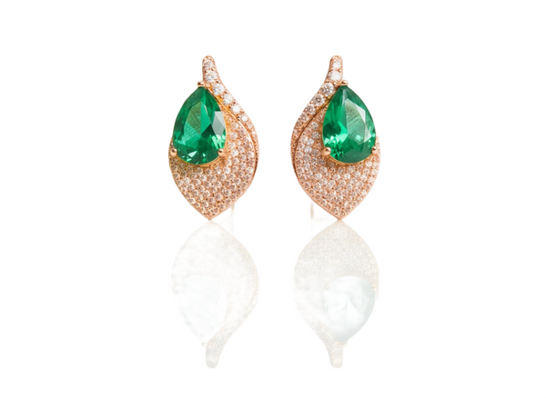 6.20 carat Pear Shaped Natural Emerald and Diamond Leaf Earrings in 14K Gold