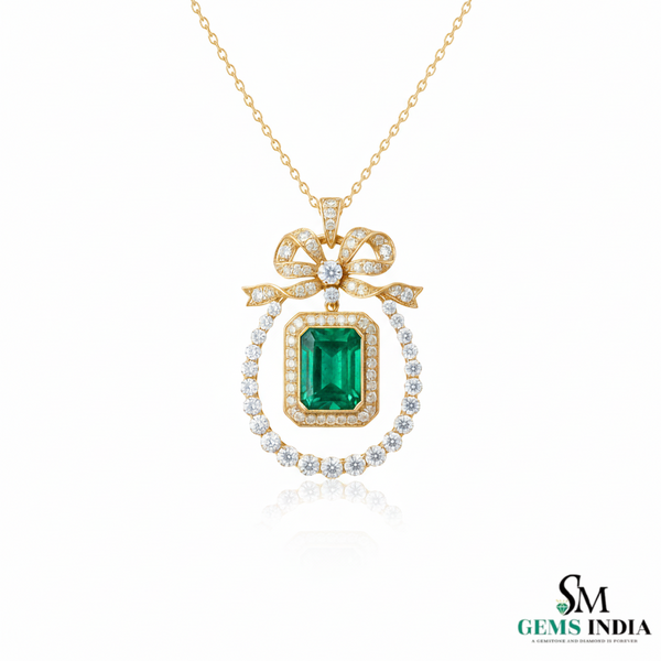 Vintage Style Emerald-Cut Emerald Bow Pendant Luxury Bow Diamond Pendant