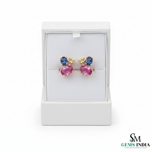 Multicolor Gemstone Trio Cluster Stud Earrings - Earrings for Women