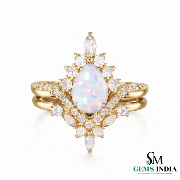 Vintage Teardrop Opal Oval Engagement Ring Double Band Statement Ring