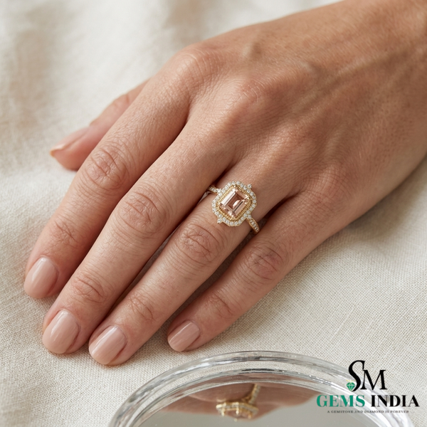 Emerald Cut Peach Morganite Ring with Diamond Halo Engagement Ring