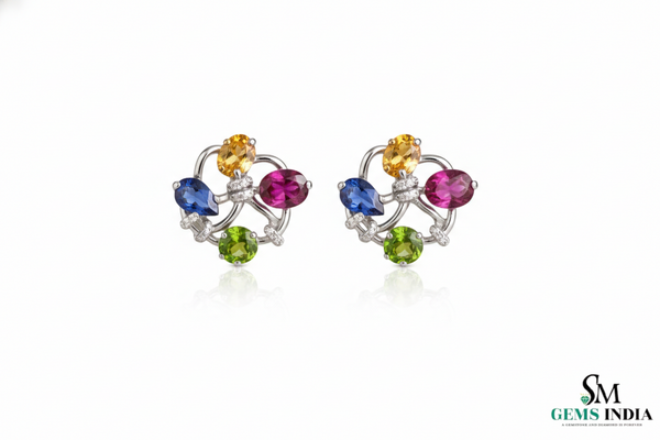 Luxury Multi-Stone Gold Stud Earrings with Diamond Accents