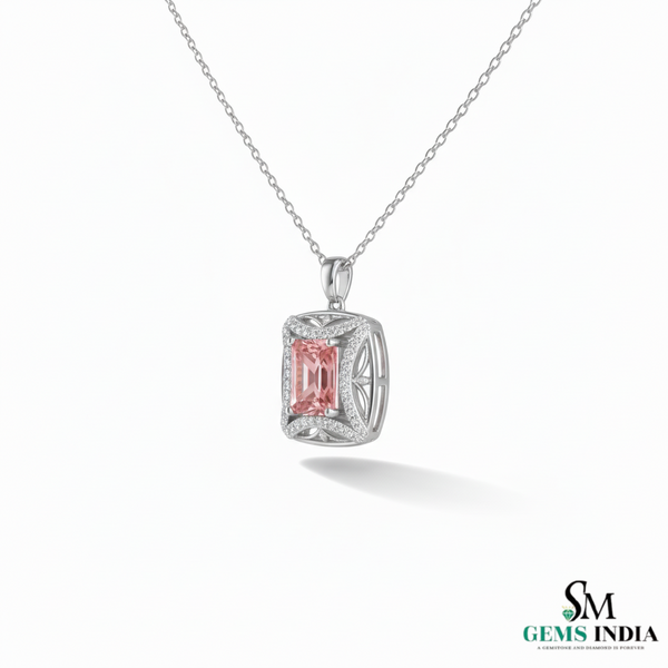 Elegant Emerald Cut Morganite Pendant with Diamond Halo For Women