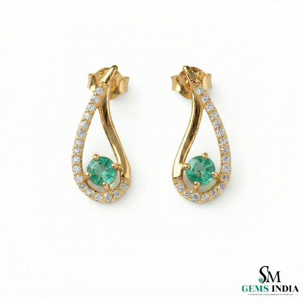 Natural Emerald Tear Drop Stud Earrings with Diamond Accents
