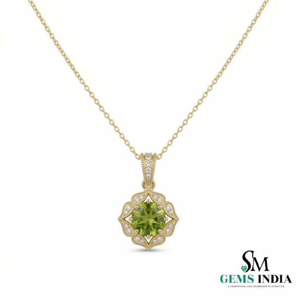 Antique Inspired Peridot Floral Pendant with Diamonds - Elegant Statement Jewelry