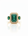 Emerald Cut and Oval Natural Emerald & Diamond Halo Ring 14K Gold Three Stone Design
