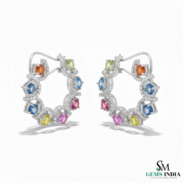 Cushion Gemstone Multicolor Sapphire & Diamond Open Hoop Earrings