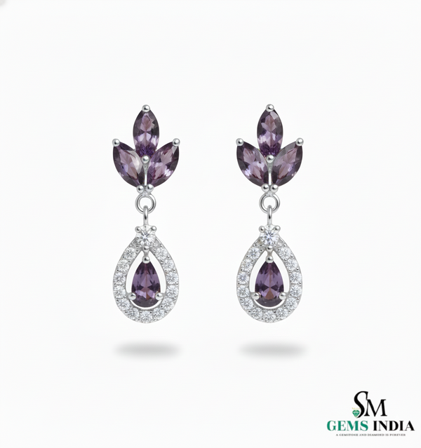 Marquise Cut and Pear Amethyst & Diamond Earrings Anniversary Gift for her