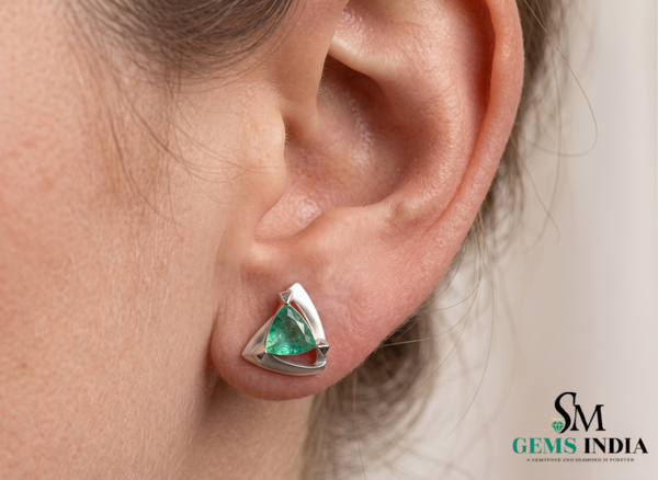 Trillion Cut Triangle shape Natural Emerald Stud Earrings in 14k gold Bold Geometric Earrings