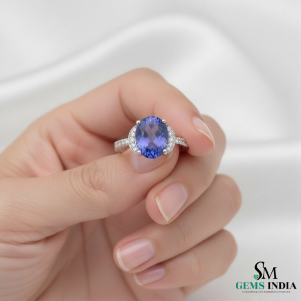 Oval Cut Natural Tanzanite Diamond Ring – Halo Engagement Ring
