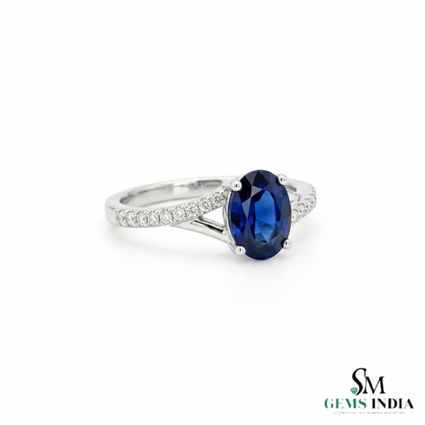 Oval Sapphire Gold Ring with Diamond Embellished Band - Gift For Her