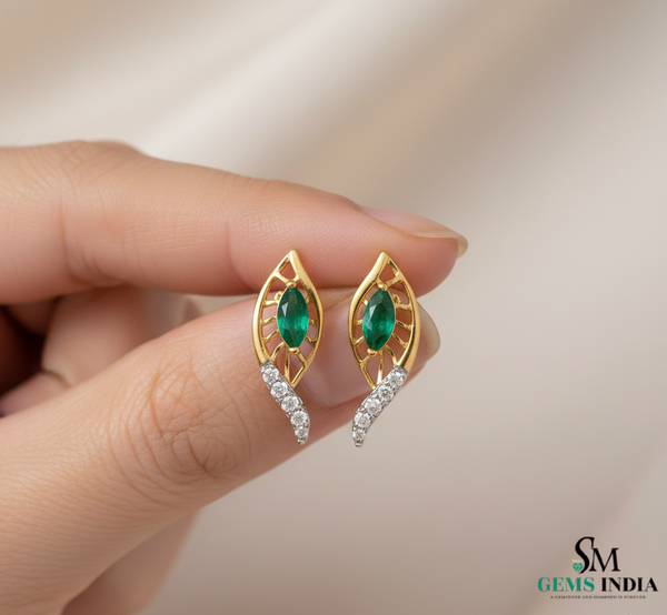 Marquise Emerald and Diamond Leaf Drop Earrings in Gold – Natural Emerald Fine Jewelry