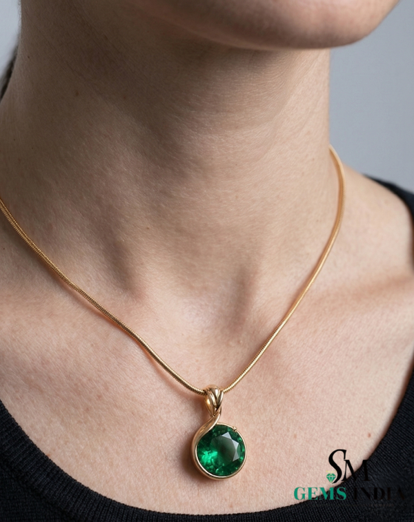 Round Green Emerald Solitaire Pendant - Minimalist Green Emerald