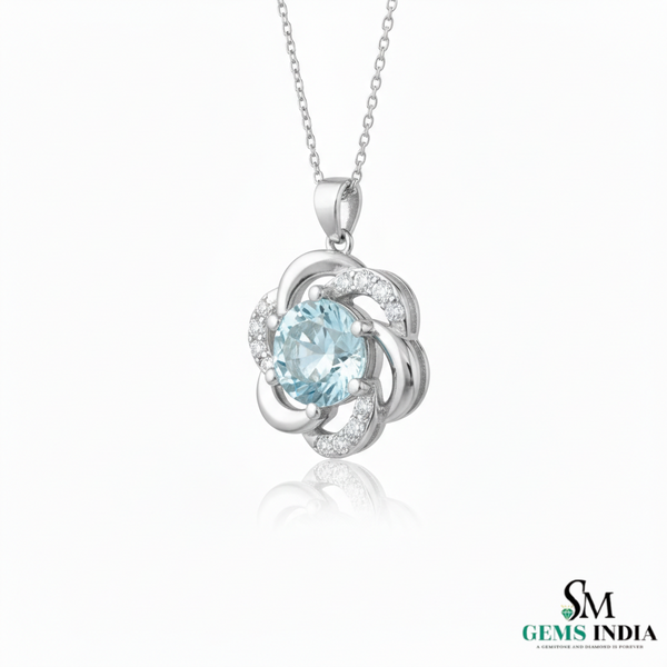 Round Aquamarine & Diamond Pendant - Blue Gemstone Jewelry