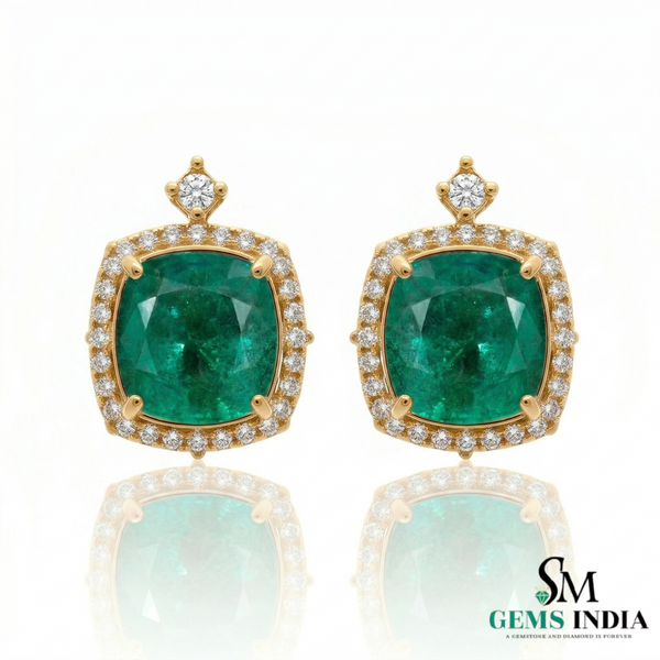 Cushion Cut Natural Emerald Halo Stud Earrings in 14K Gold Green Gemstone Gift for her