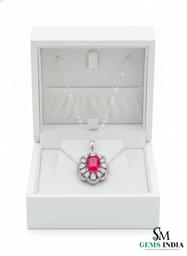 Cushion Cut Ruby & Diamond Floral Halo Pendant in 14k and 18k Gold