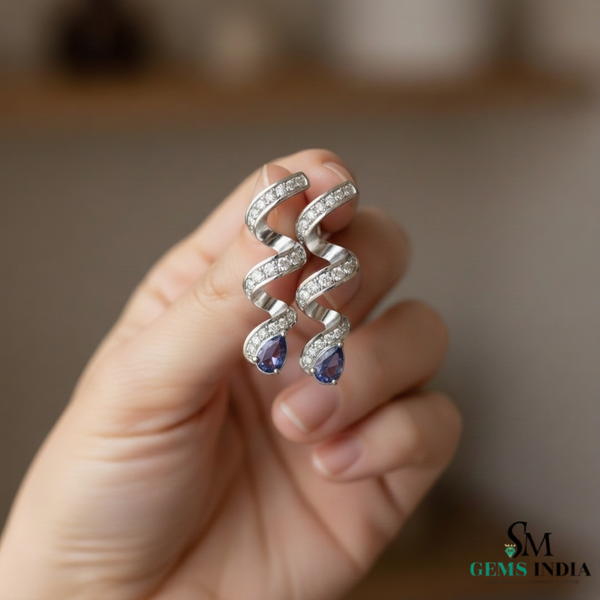 Pear Cut Blue Tanzanite & Diamond Spiral Drop Earrings in 14k and 18kk Gold