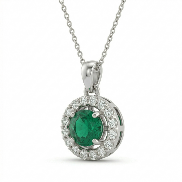 Timeless Round Emerald & Diamond Halo Pendant - Fine emerald jewelry for women