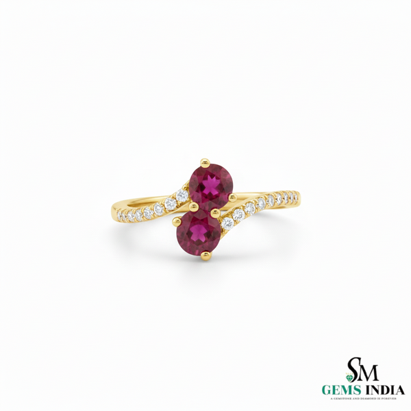 Double Round Ruby Diamond Bypass Ring in 14K Gold -Elegant Gemstone Jewelry