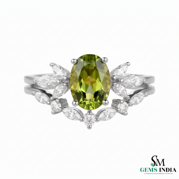 Natural Oval Peridot Diamond Floral Ring - Nature Inspired Gold Ring