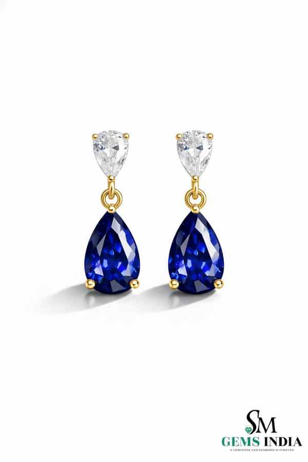 Pear Blue Moissanite Drop Earrings with White Moissanite Accents