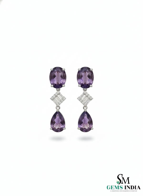 Elegant Oval and Pear Amethyst Drop Earrings with Baguette Diamond Accents