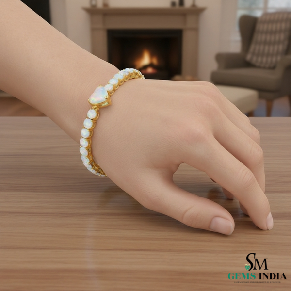 Heart and Round Opal Tennis Bracelet in Rose Gold – Dainty Luxury Love Bracelet