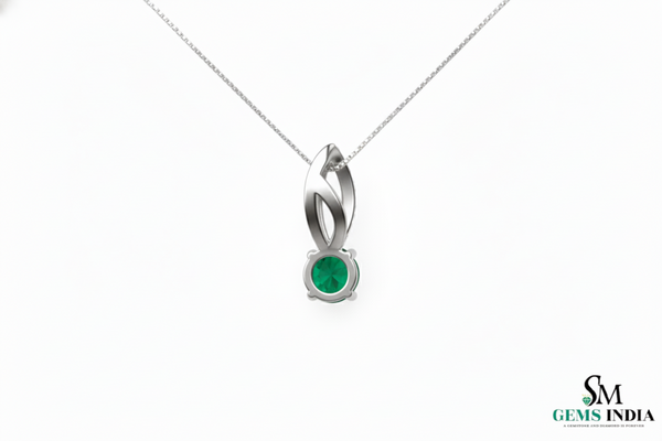 Round Faceted Emerald Solitaire Pendant with Diamond Loop - Green Gemstone Jewelry
