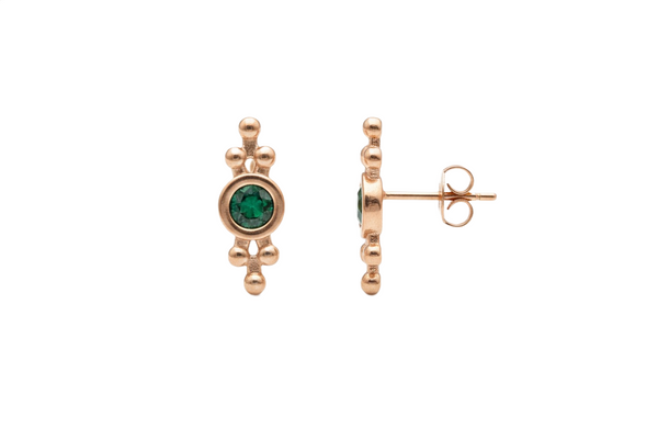 Boho Round Natural Emerald Stud Earrings in 14k Gold Vintage Beaded Design