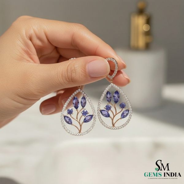 Marquise and Round Natural Tanzanite Diamond Teardrop Dangle Earrings – Elegant Gold Jewelry
