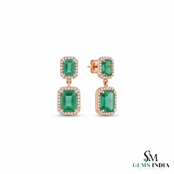 Emerald cut Natural Emerald & Double Drop Halo Earrings in 14K Gold Classic Vintage Dangle Design