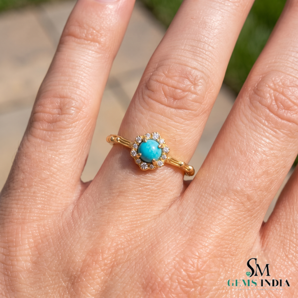 Round Turquoise Ring With Diamond Halo –Elegant Fine Jewelry