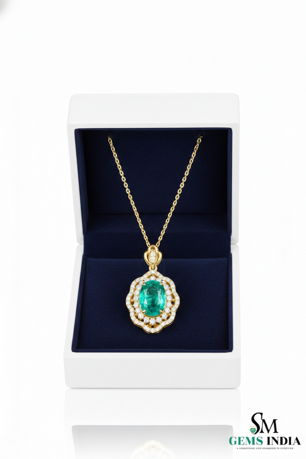 Natural Oval Emerald Diamond Halo Pendant - Fine Emerald Jewelry for Women