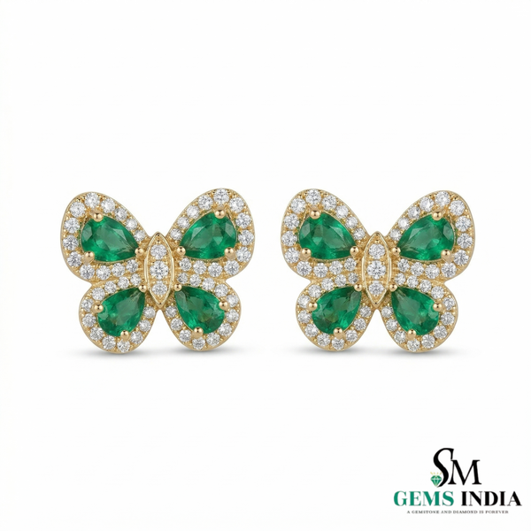 Elegant Pear Emerald & Diamond Butterfly Earrings – Fine Gold Jewelry