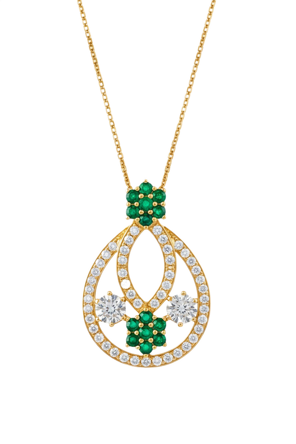 Floral Double Loop Round Natural Emerald and Diamond Teardrop Pendant in 14k gold