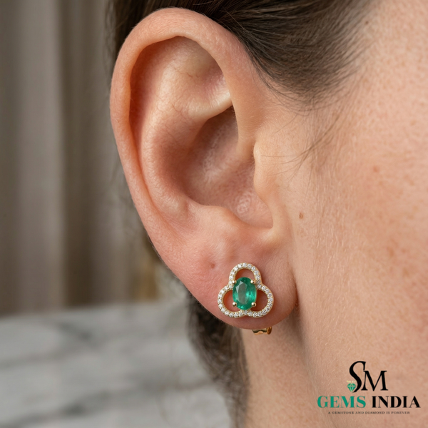 Elegant Oval Emerald and Diamond Clover Stud Earrings – Fine Gold Jewelry
