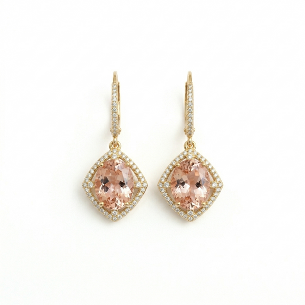 Oval Cut Morganite Halo Earrings with Diamond Accents – Elegant Bridal Dangle Jewelry