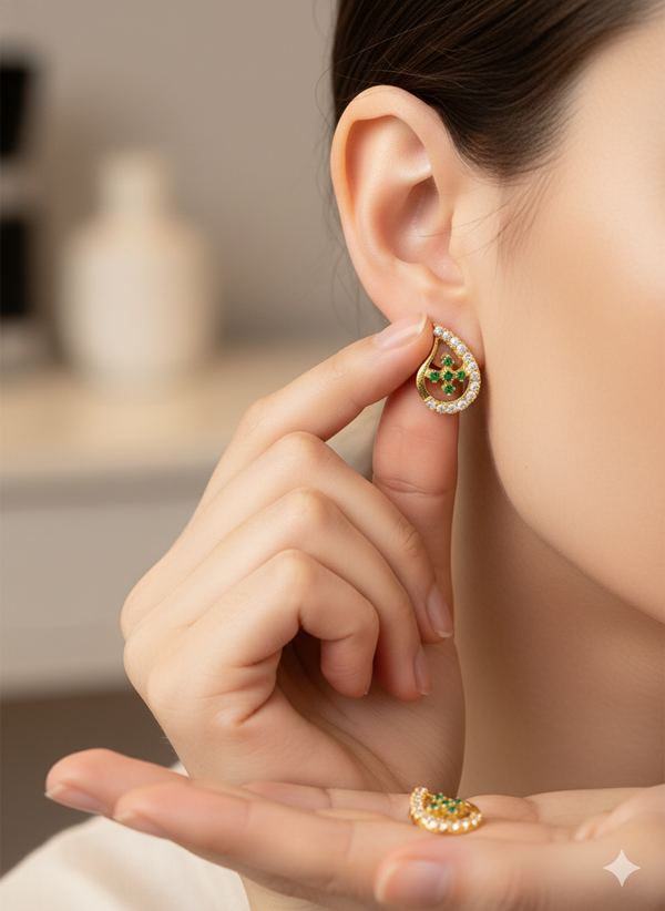 Teardrop Stud Earrings with Round Natural Emerald Cluster &amp; Diamonds in Gold Unique Gift for her